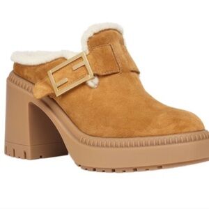 Fendi Tan Chunky Heeled Mules with Sherpa Lining